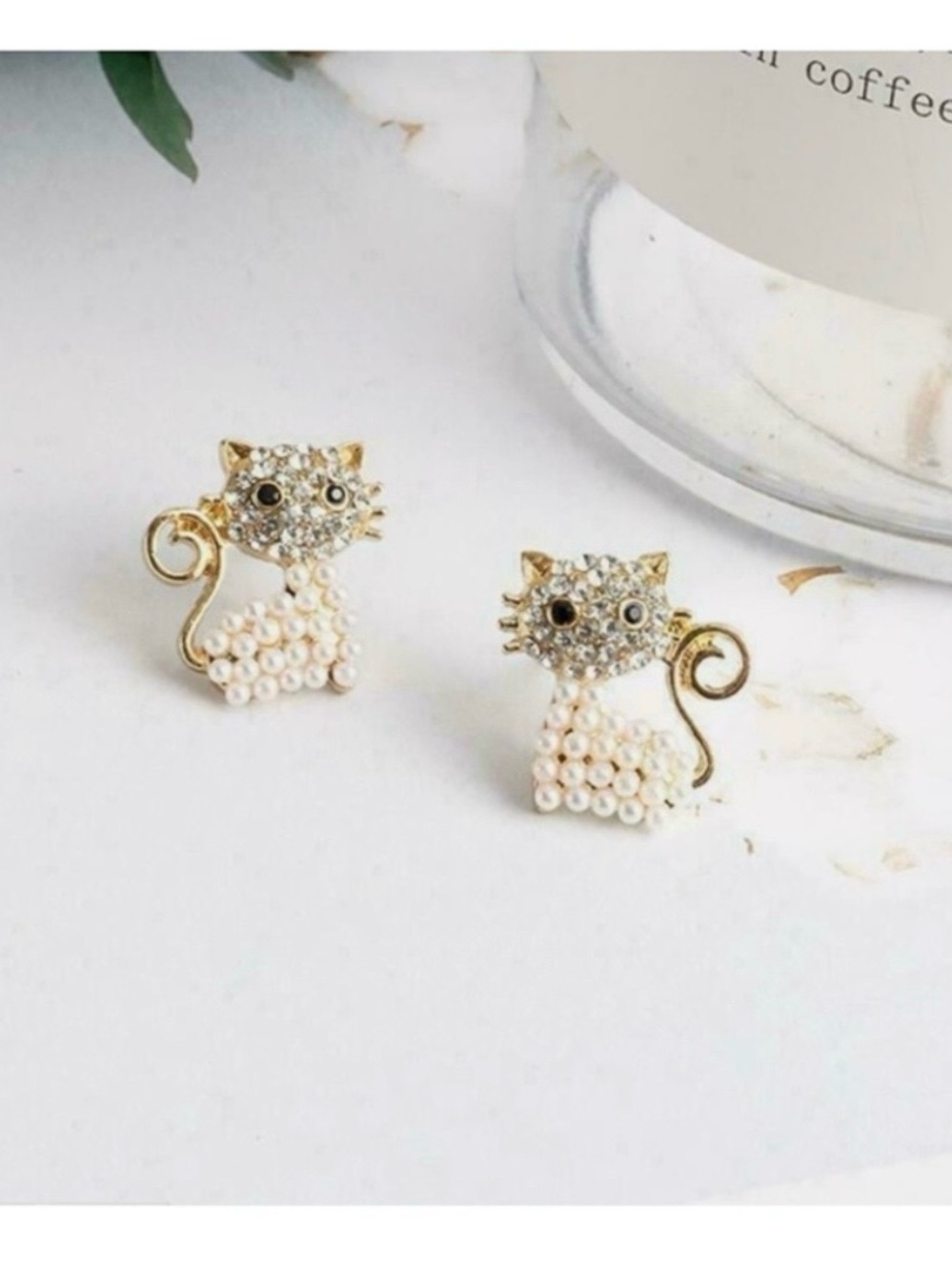 Gold-Tone Pearl & Crystal Cat Stud Earrings - Cute Cat Jewelry